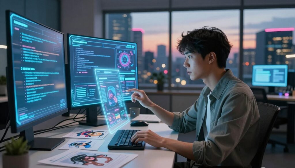 A futuristic workspace filled with glowing holographic displays showcasing various AI prompts. In the foreground, a focused individual, dressed in smart casual attire, interacts with a hovering digital interface, their expression reflecting concentration and creativity. The middle ground features a sleek desk cluttered with notes and 3D renderings of AI-generated images, surrounded by soft ambient lighting that illuminates the technological details. In the background, a large window reveals a vibrant cityscape at dusk, with neon lights adding an energetic ambiance. The scene captures a mood of innovation and inspiration, emphasizing the mastery of prompt engineering in a sophisticated, modern setting.