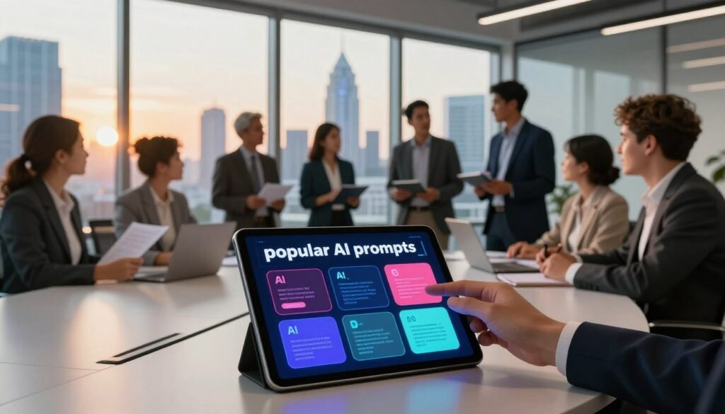 A visually captivating representation of "popular AI prompts", set in a modern office environment. In the foreground, a sleek digital tablet displays vibrant graphics of diverse AI prompt examples in colorful infographics, illuminated by soft ambient lighting. The middle ground features a diverse group of professionals, dressed in smart business attire, engaged in lively discussions around a large conference table. They hold notepads and laptops, exuding a sense of collaboration and innovation. The background showcases large windows with a panoramic view of a futuristic city skyline bathed in golden hour light, creating an inspiring and dynamic atmosphere. The overall mood should evoke creativity and professionalism, highlighting the evolution of AI technology in 2026.